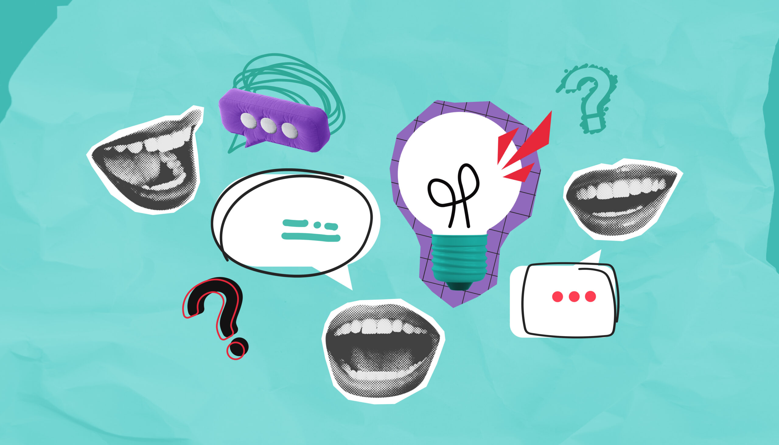 abstract collage of mouths, speech bubbles, lightbulb and question marks on blue.